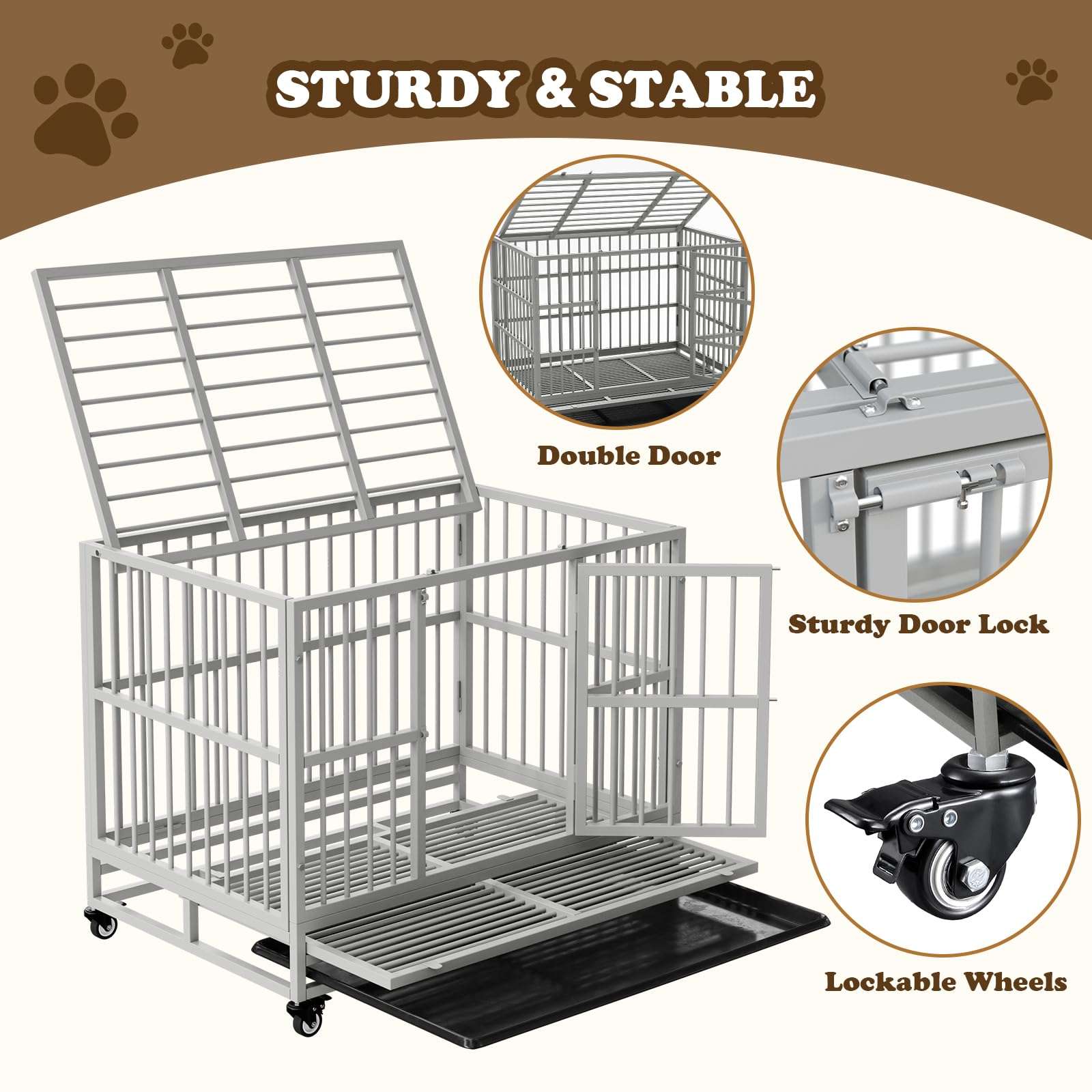 Indestructible Dog Crate with Removable Tray - 37/42/46 Inch Heavy Duty Steel Kennel