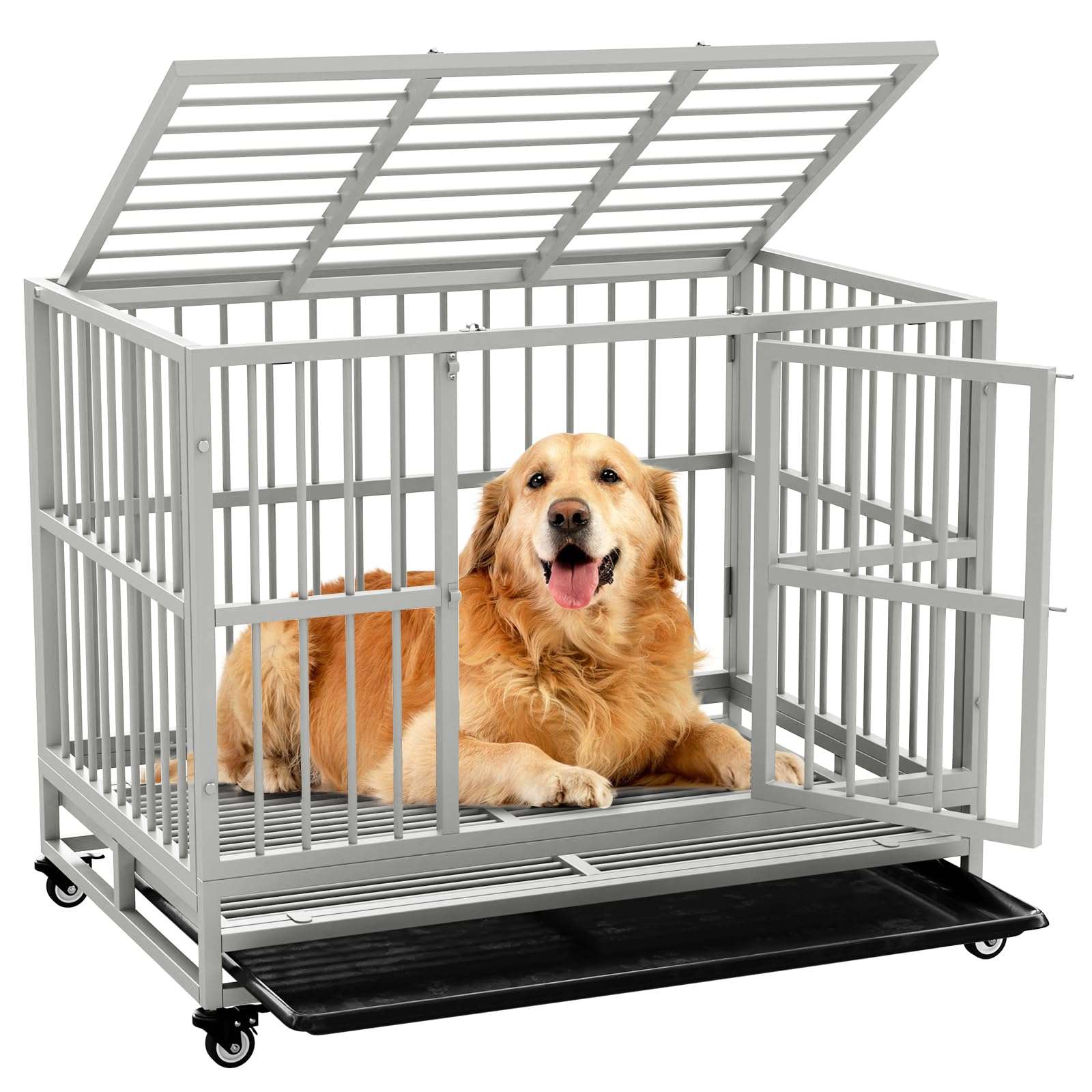 Indestructible Dog Crate with Removable Tray - 37/42/46 Inch Heavy Duty Steel Kennel