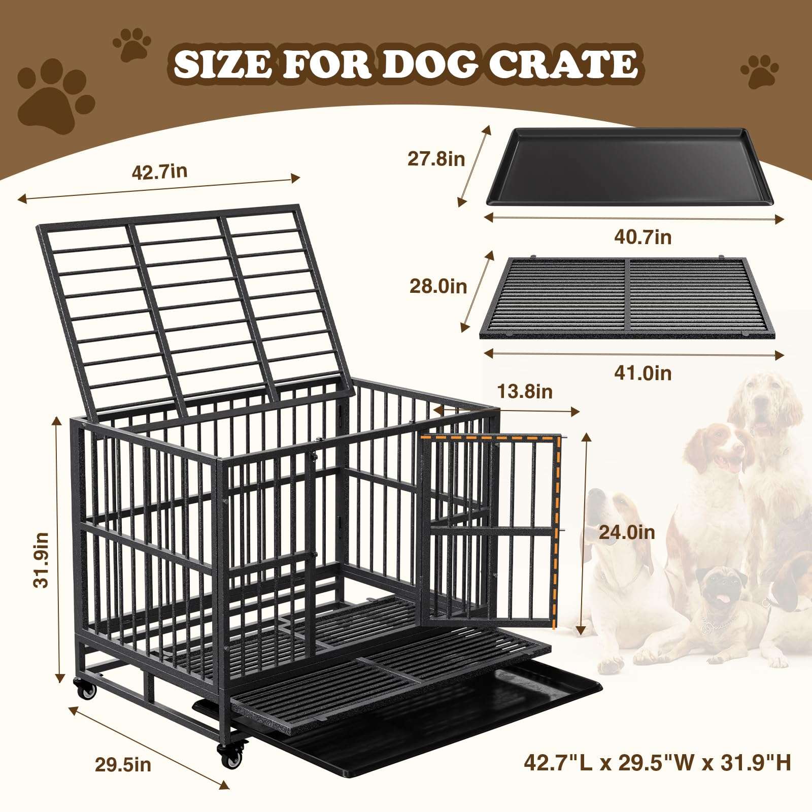Indestructible Dog Crate with Removable Tray - 37/42/46 Inch Heavy Duty Steel Kennel