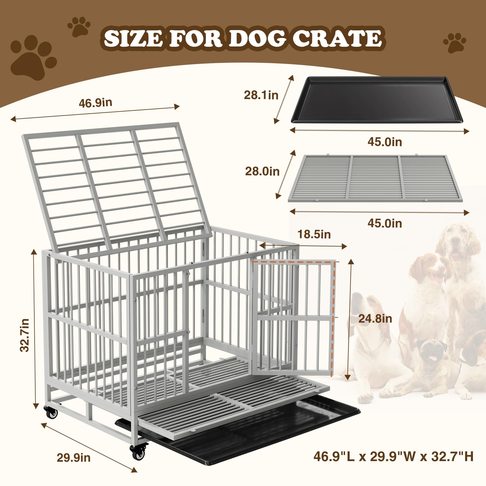 Indestructible Dog Crate with Removable Tray - 37/42/46 Inch Heavy Duty Steel Kennel
