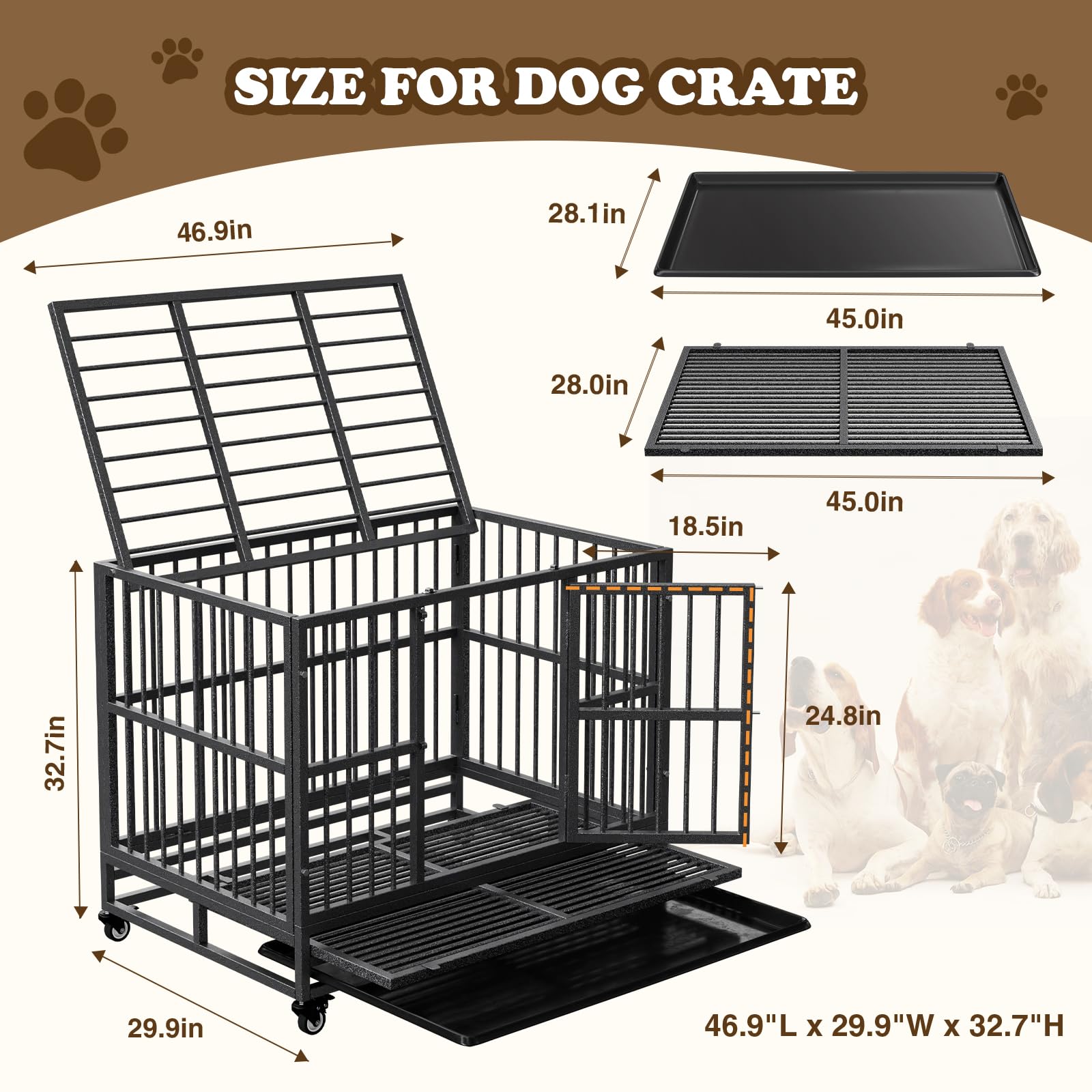 Indestructible Dog Crate with Removable Tray - 37/42/46 Inch Heavy Duty Steel Kennel