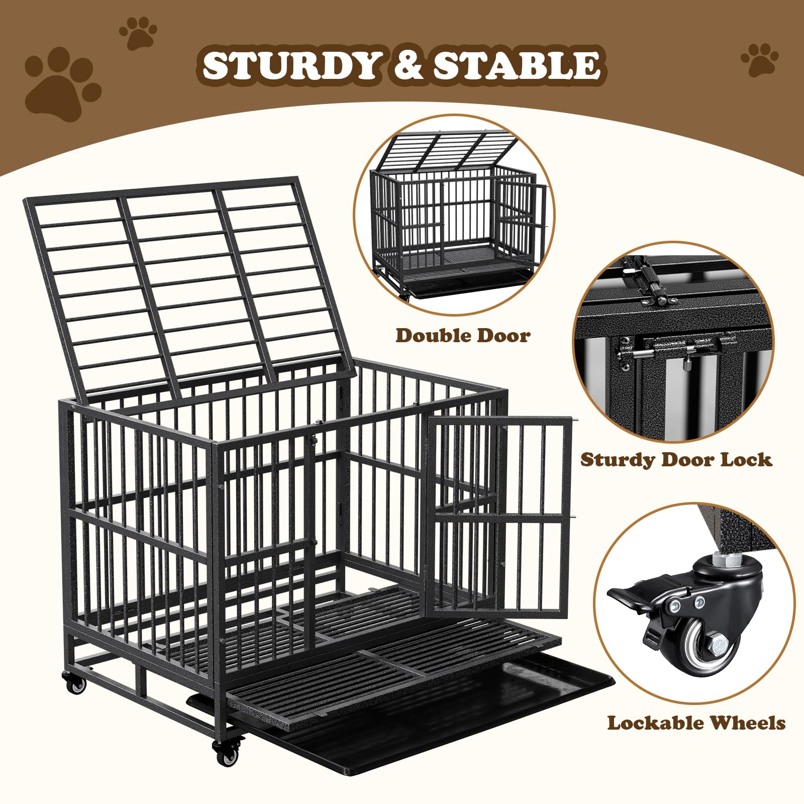 Indestructible Dog Crate with Removable Tray - 37/42/46 Inch Heavy Duty Steel Kennel