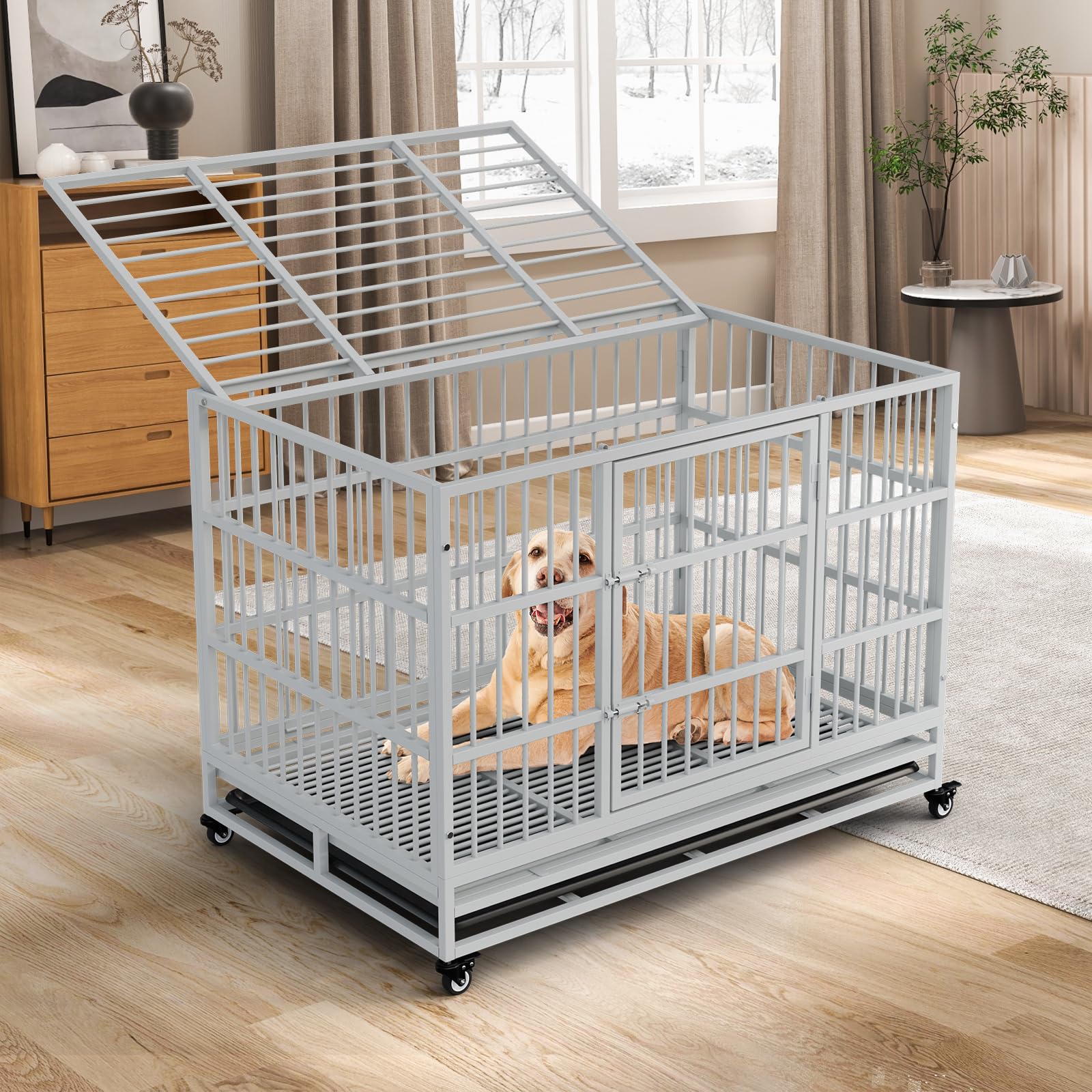 Indestructible Dog Crate with Removable Tray - 37/42/46 Inch Heavy Duty Steel Kennel