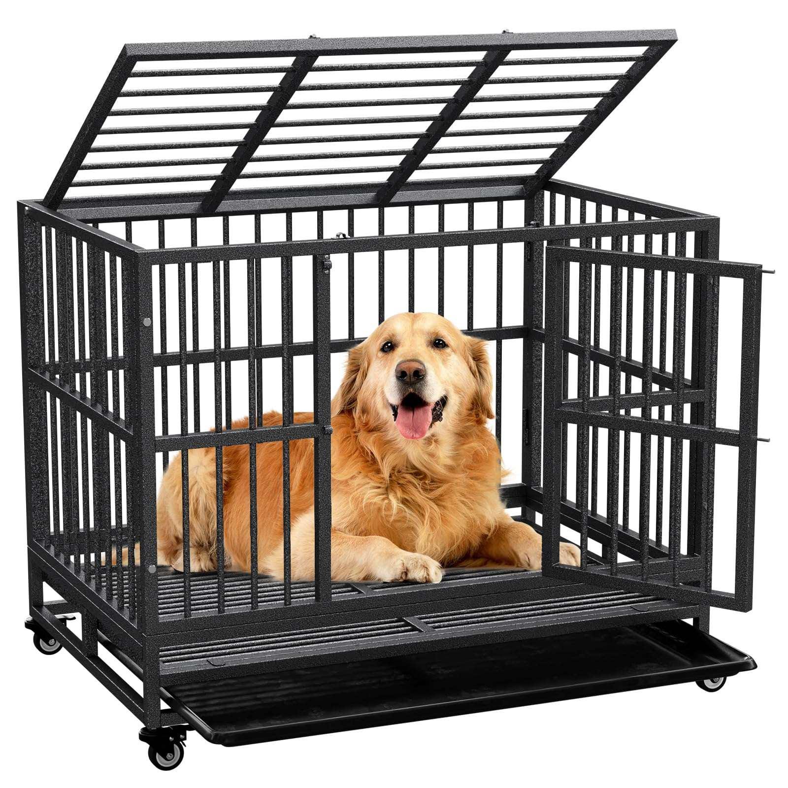Indestructible Dog Crate with Removable Tray - 37/42/46 Inch Heavy Duty Steel Kennel