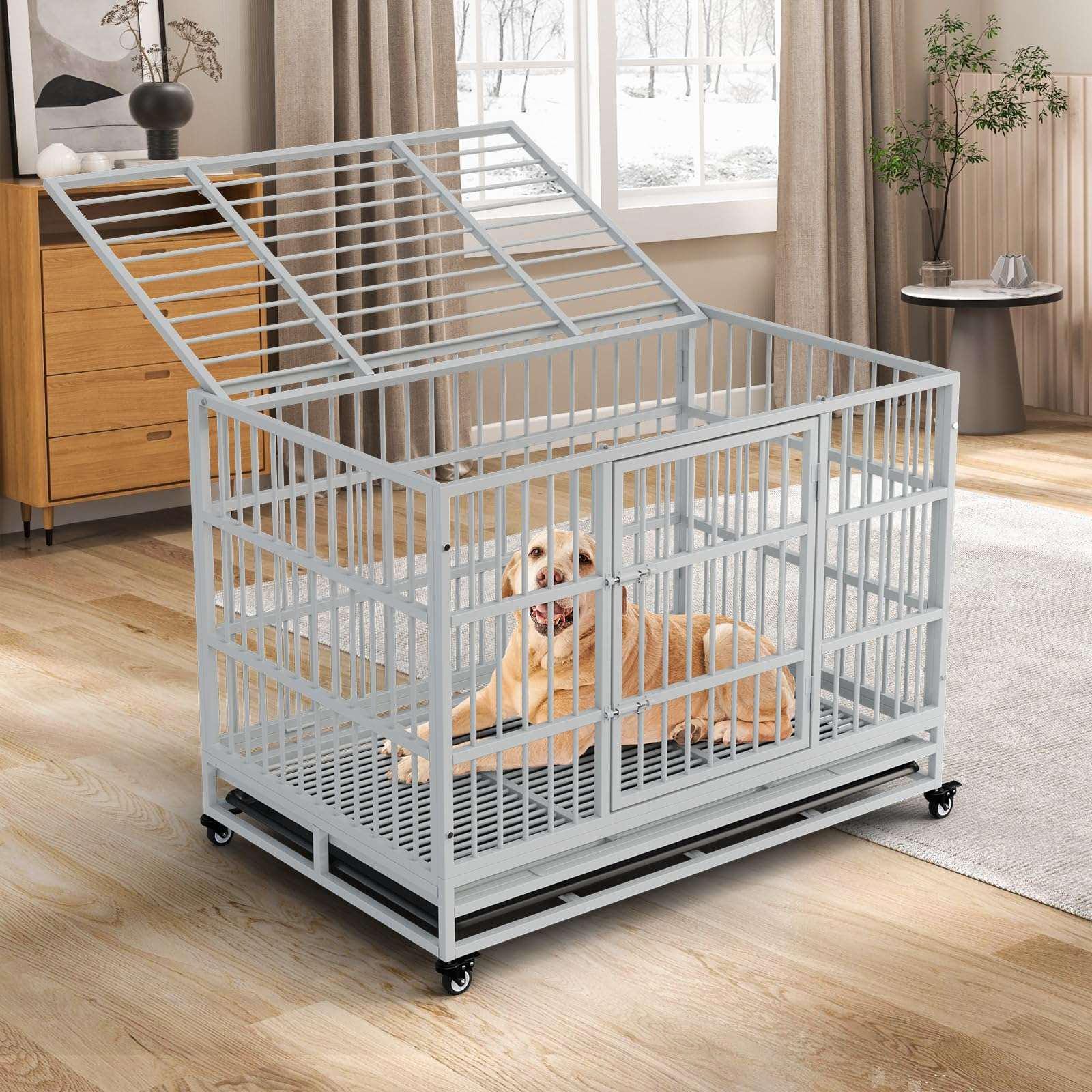 Indestructible Dog Crate with Removable Tray - 37/42/46 Inch Heavy Duty Steel Kennel
